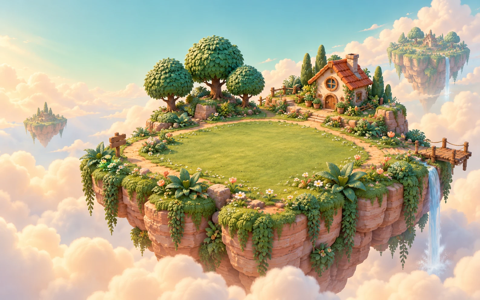 A grassy floating island with round trees, a woodland cottage, a waterfall, and a little dock above golden clouds