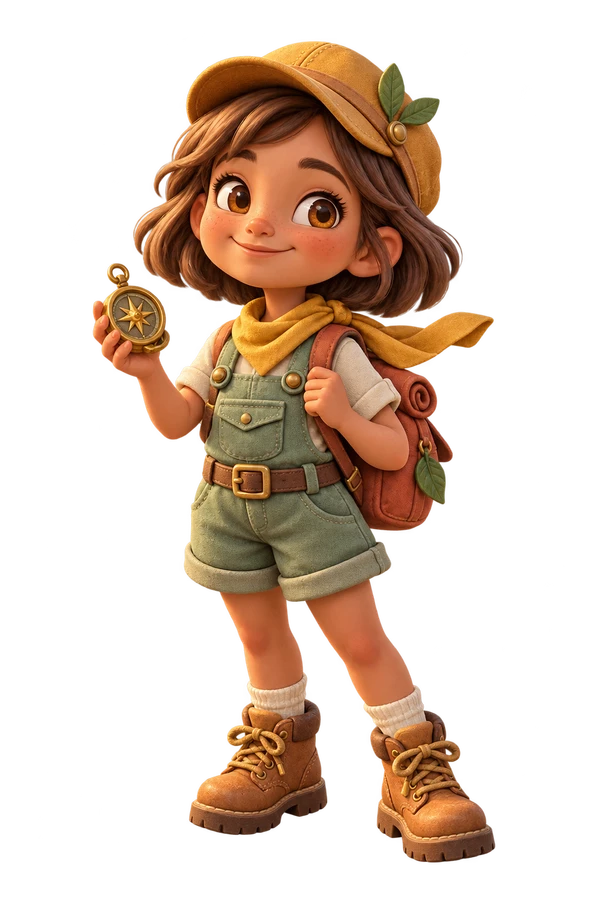 A little explorer in a leafy cap, green overalls and golden scarf